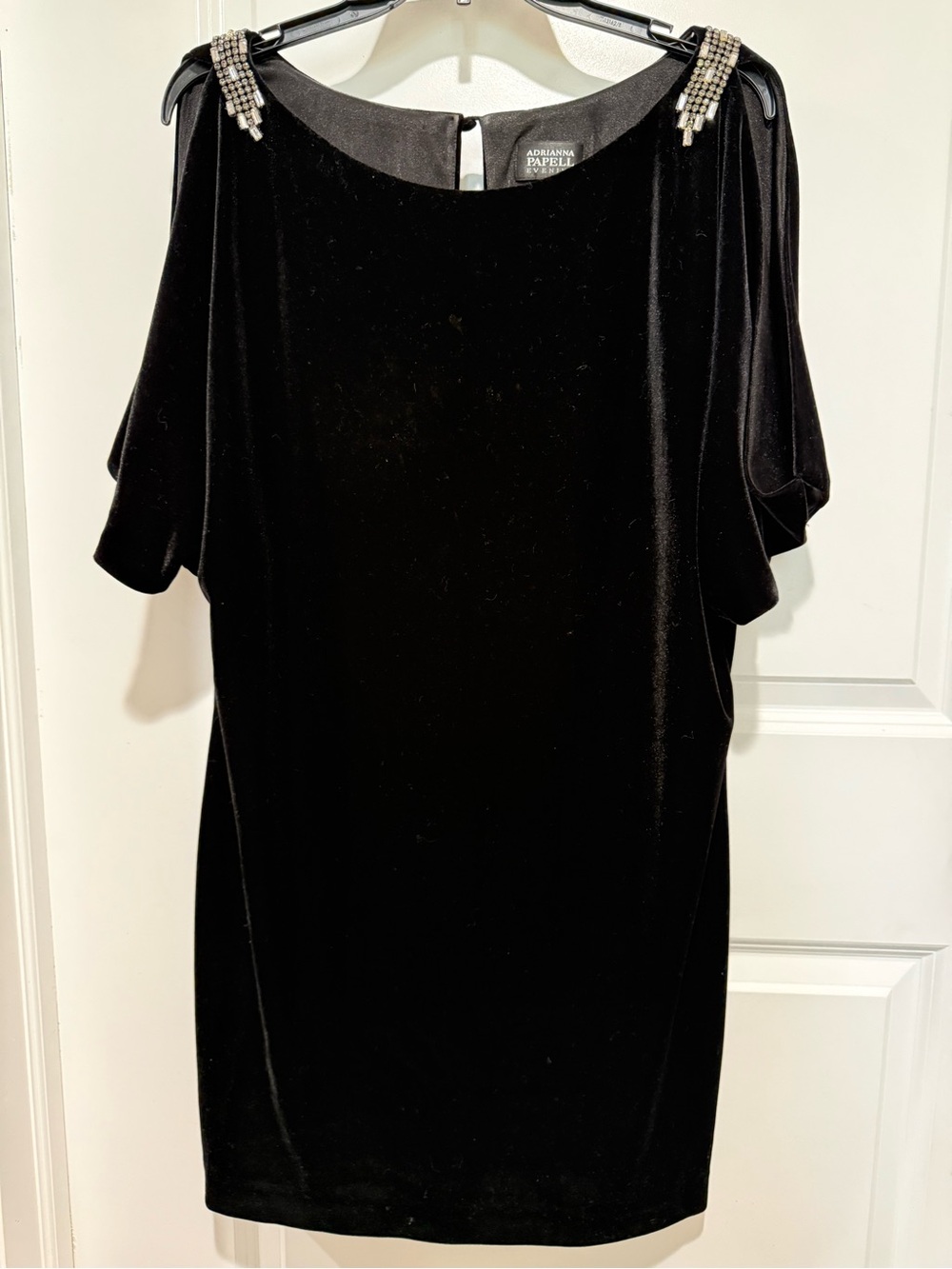 Adrianna Papell Black Velvet Cold-Shoulder Dress with Rhinestone Straps